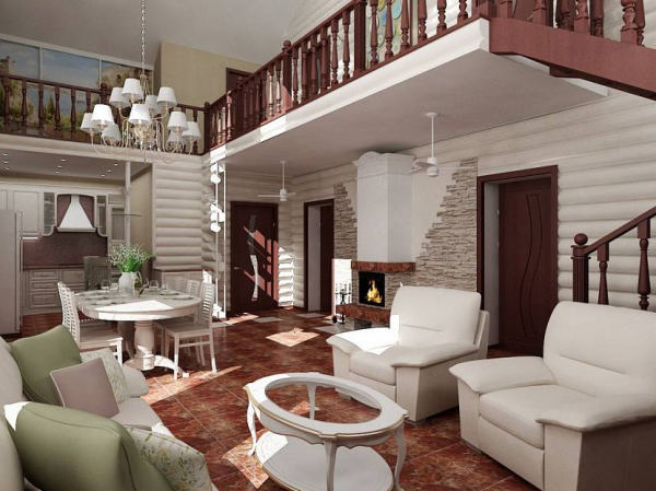 Дизайн гостиной в деревянном доме с камином